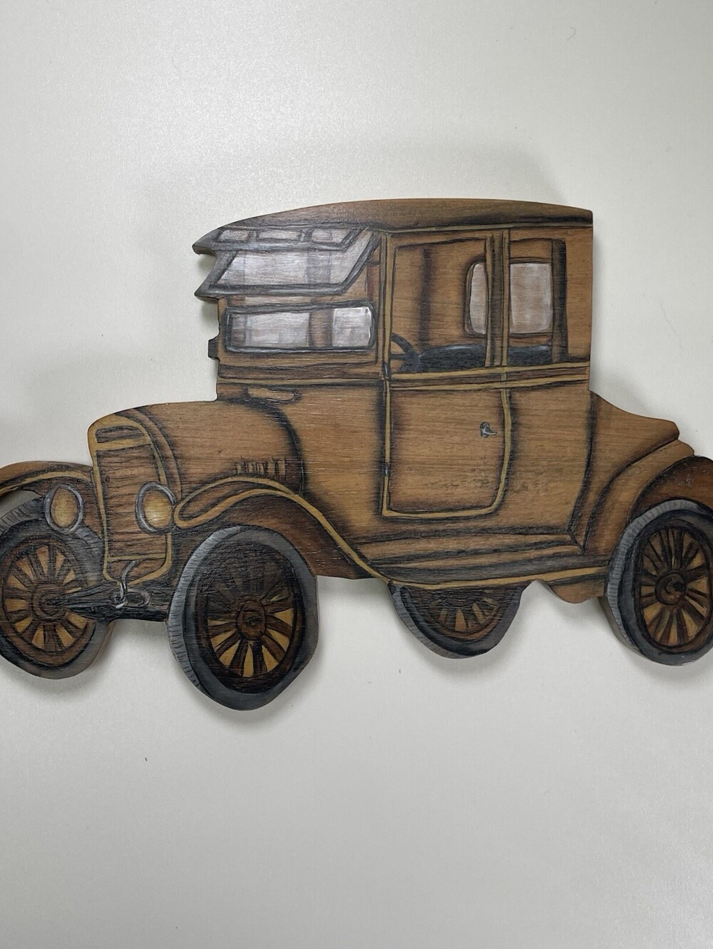Hand Carved Wooden Vintage Automobile Wall Plaque Antique Car Folk Art Decor